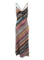 Ghost cut image of a multi color CROSS BACK STRIPE PRINT COWL NECK MAXI DRESS on a white background.
