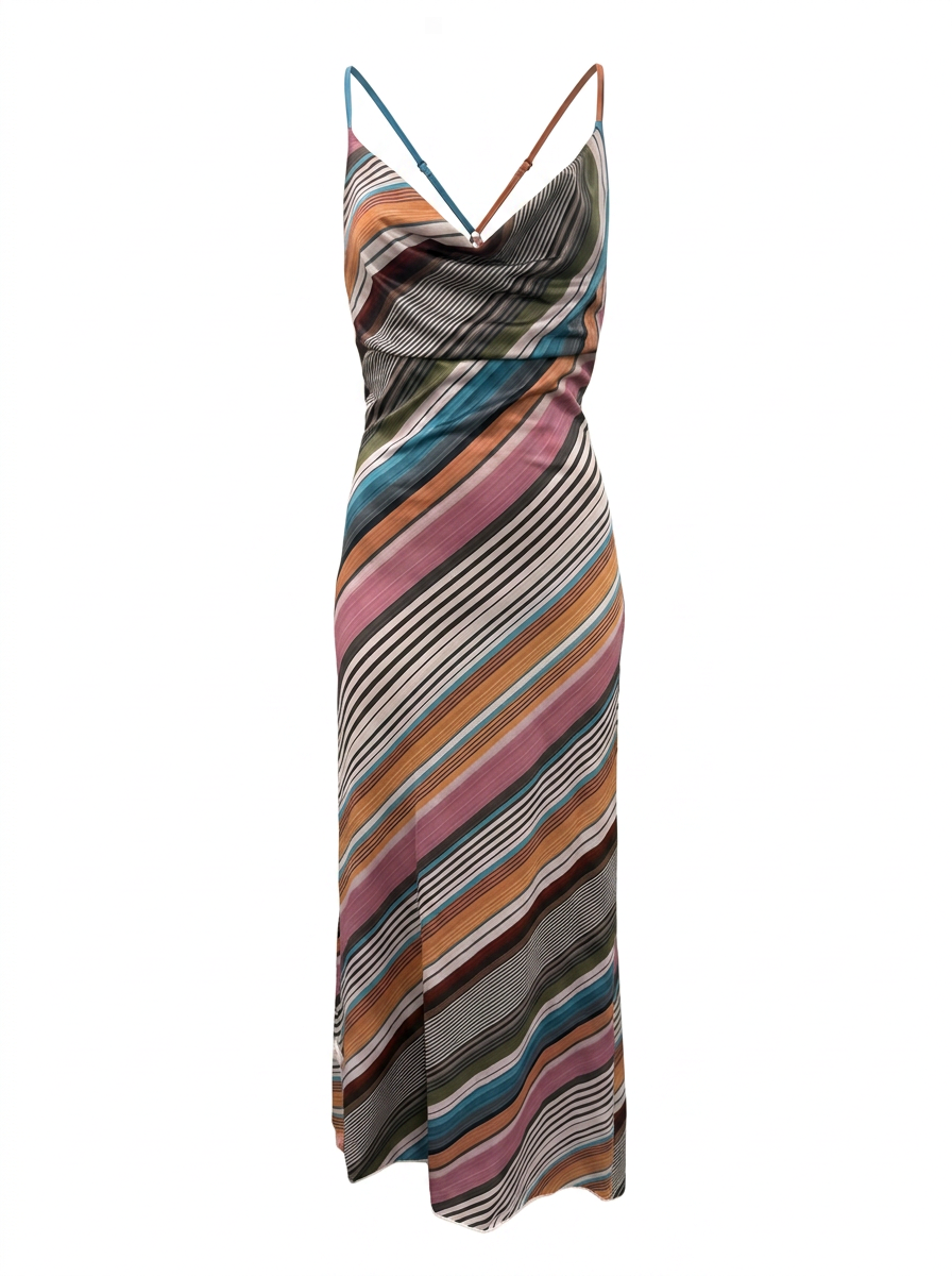 Ghost cut image of a multi color CROSS BACK STRIPE PRINT COWL NECK MAXI DRESS on a white background.