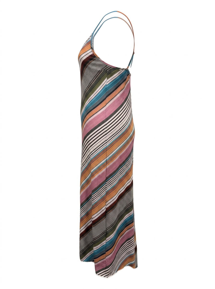 Ghost cut image of a multi color CROSS BACK STRIPE PRINT COWL NECK MAXI DRESS on a white background.