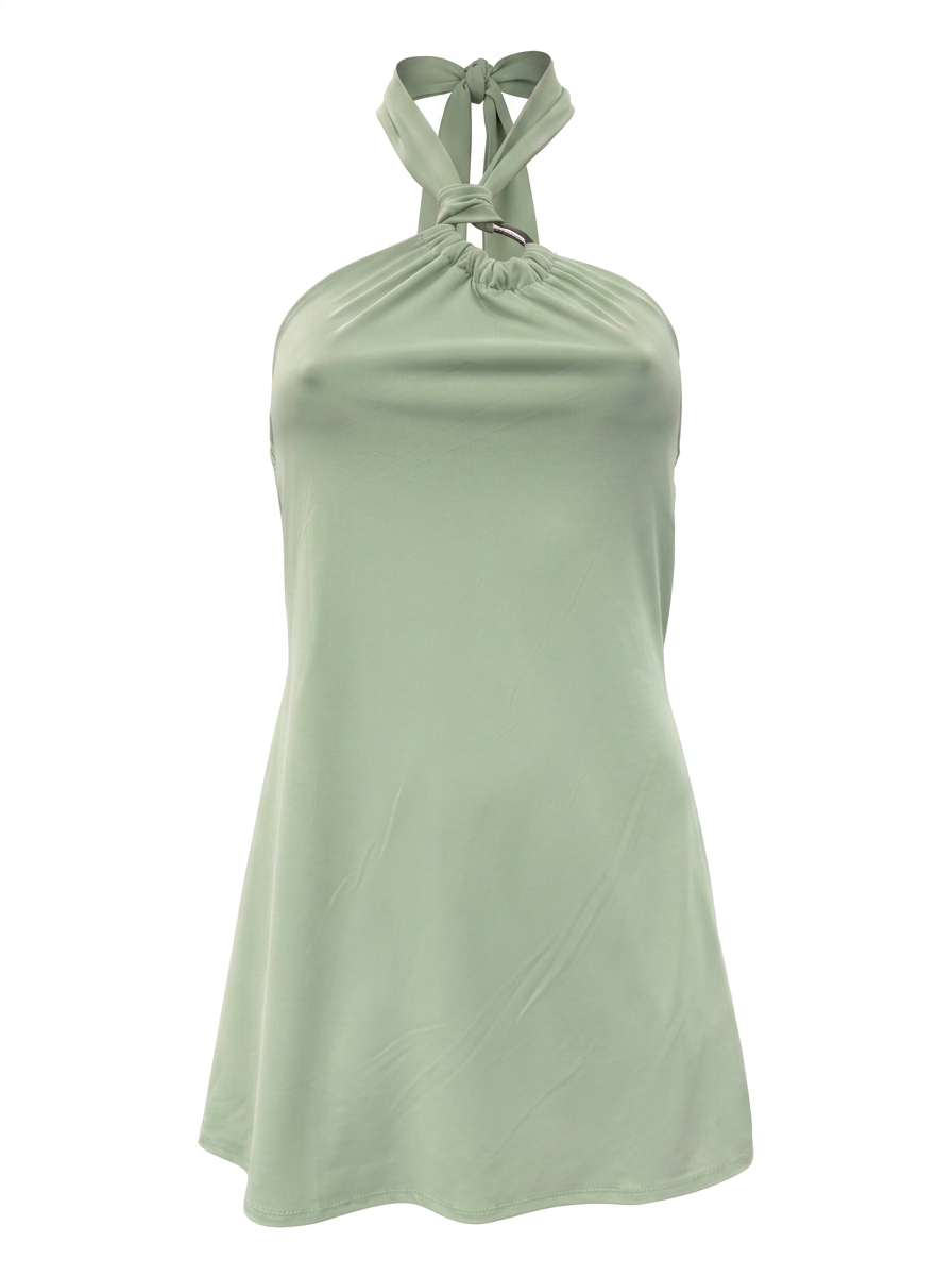 Ghost cut image of a light green EMBELLISHED HIGH HALTER NECK A LINE MINI DRESS on a white background.
