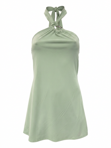 Ghost cut image of a light green EMBELLISHED HIGH HALTER NECK A LINE MINI DRESS on a white background.