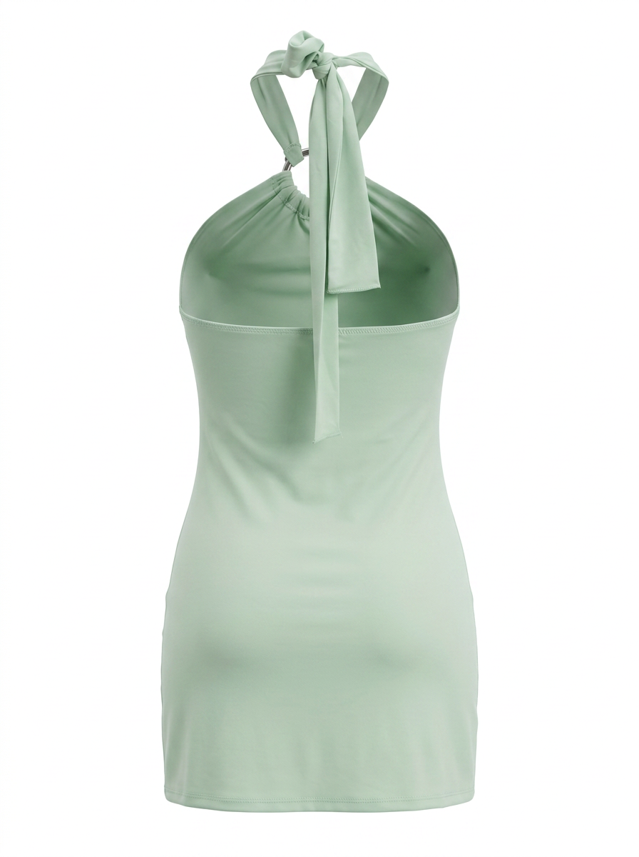 Ghost cut image of a light green EMBELLISHED HIGH HALTER NECK A LINE MINI DRESS on a white background.