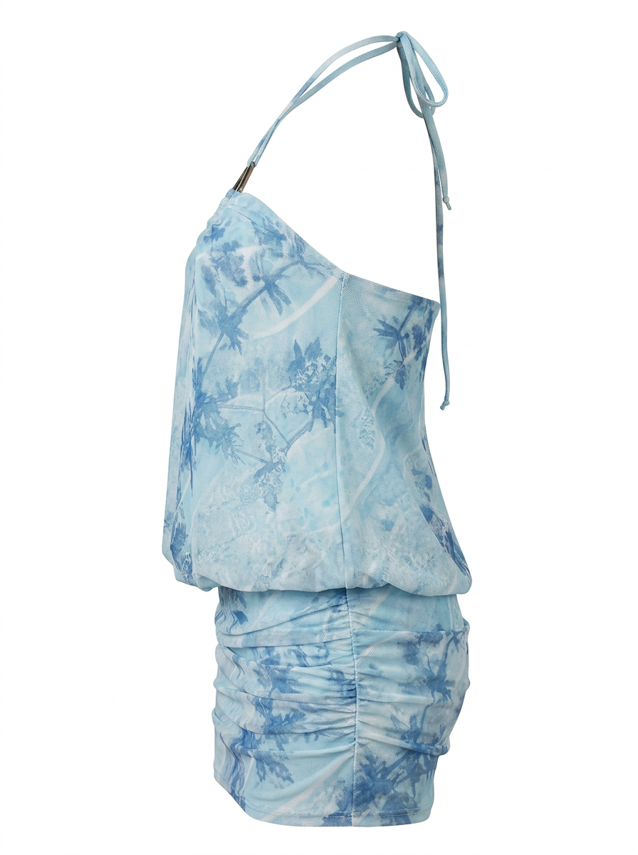 Ghost cut image of a blue TIE DYE KEYHOLE TIE NECK BUBBLE MINI DRESS on a white background. 