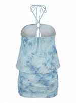 Ghost cut image of a blue TIE DYE KEYHOLE TIE NECK BUBBLE MINI DRESS on a white background. 