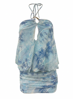 Ghost cut image of a blue TIE DYE KEYHOLE TIE NECK BUBBLE MINI DRESS on a white background. 