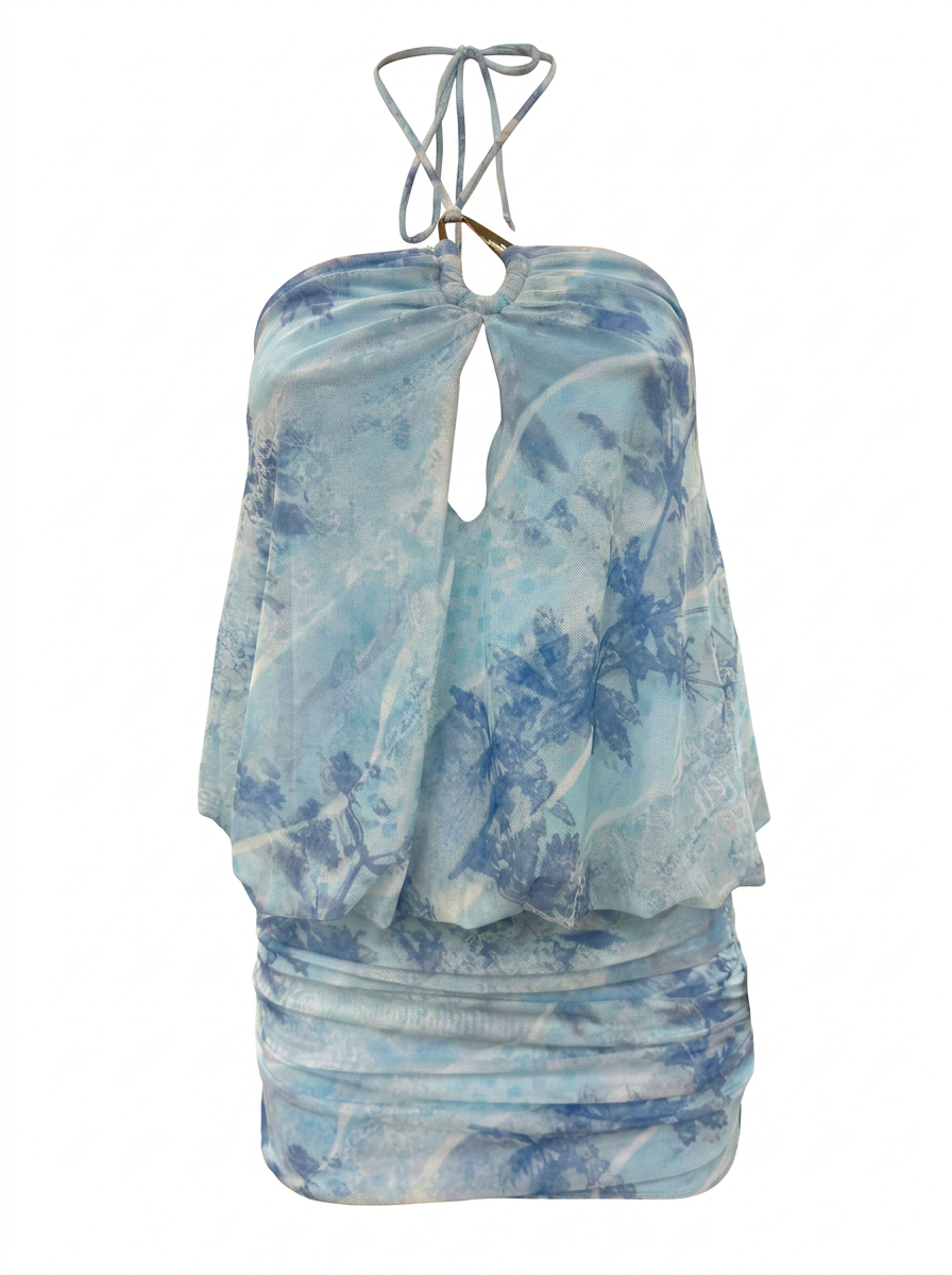 Ghost cut image of a blue TIE DYE KEYHOLE TIE NECK BUBBLE MINI DRESS on a white background. 
