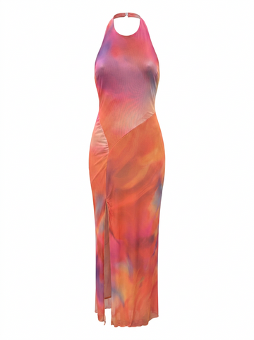 Ghost cut image of an orange SUNSET PRINT MESH HALTER NECK MAXI DRESS on a white background. 