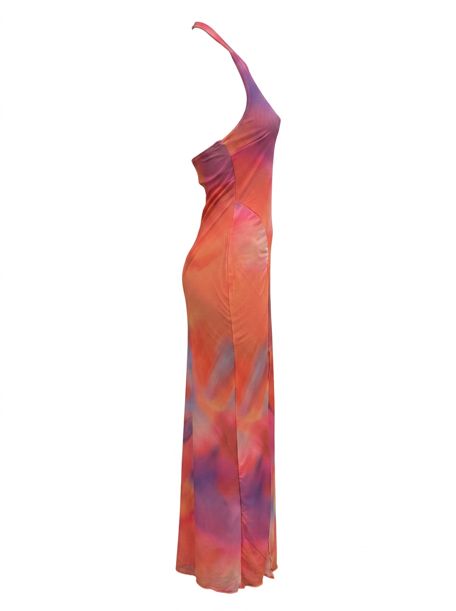 Ghost cut image of an orange SUNSET PRINT MESH HALTER NECK MAXI DRESS on a white background. 