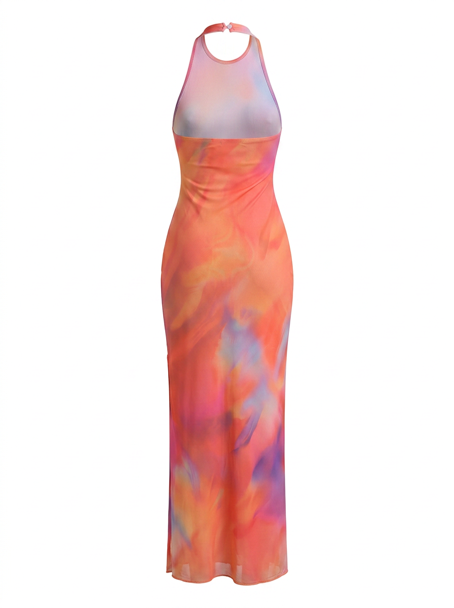 Ghost cut image of an orange SUNSET PRINT MESH HALTER NECK MAXI DRESS on a white background. 