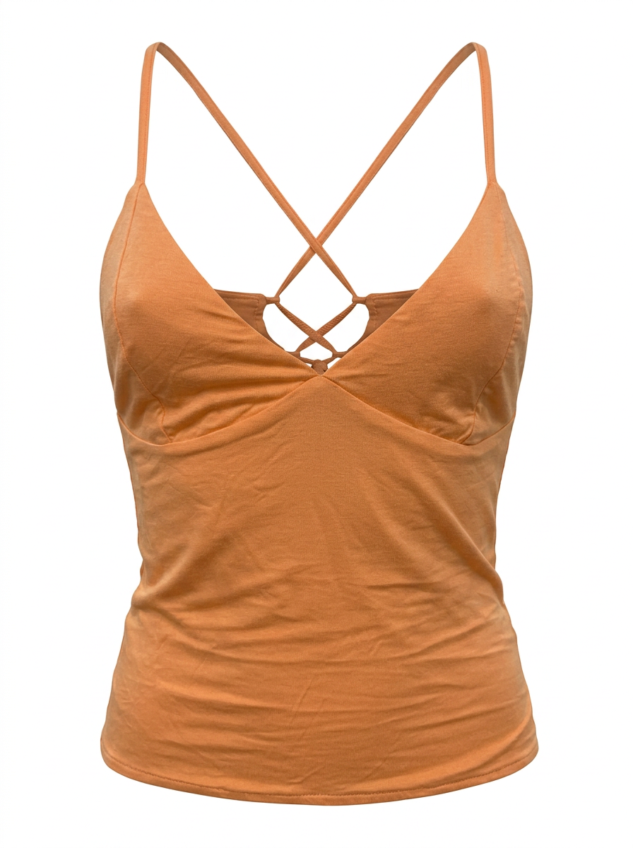 Ghost cut image of a coral CROSS TIE BACK V NECK SLEEVELESS TOP on a white background.