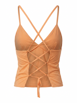 Ghost cut image of a coral CROSS TIE BACK V NECK SLEEVELESS TOP on a white background.