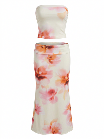 Ghost cut image of a cream FLORAL SATINY TUBE TOP & MAXI SKIRT SET on a white background.
