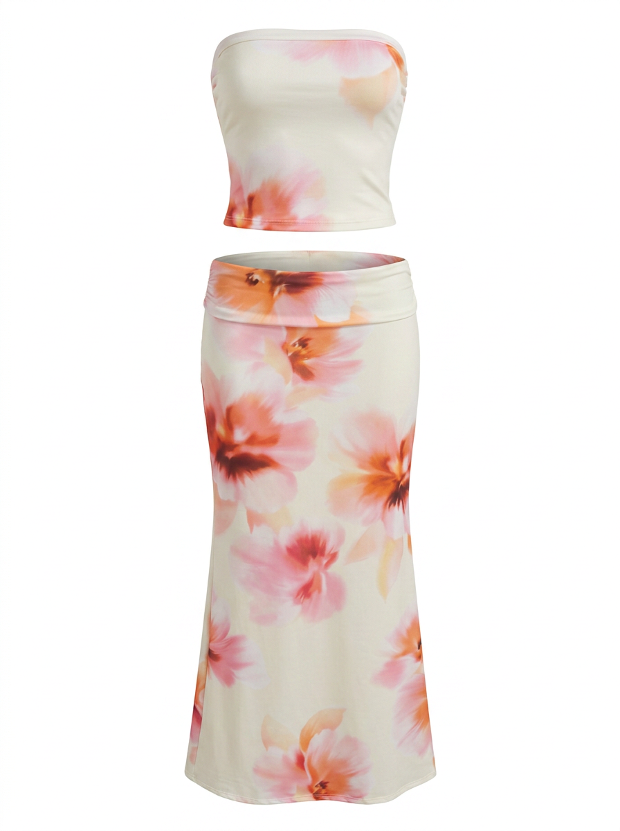 Ghost cut image of a cream FLORAL SATINY TUBE TOP & MAXI SKIRT SET on a white background.