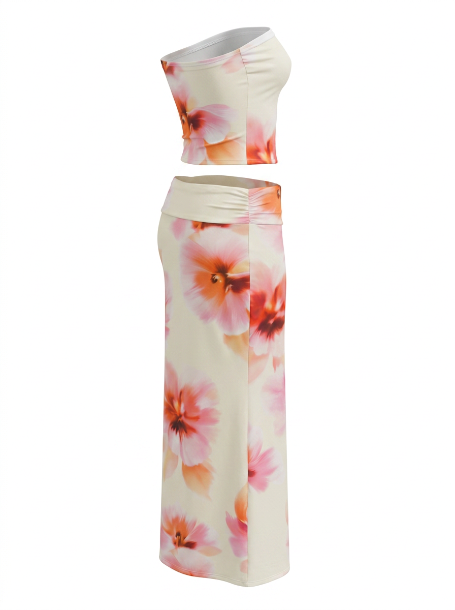Ghost cut image of a cream FLORAL SATINY TUBE TOP & MAXI SKIRT SET on a white background.