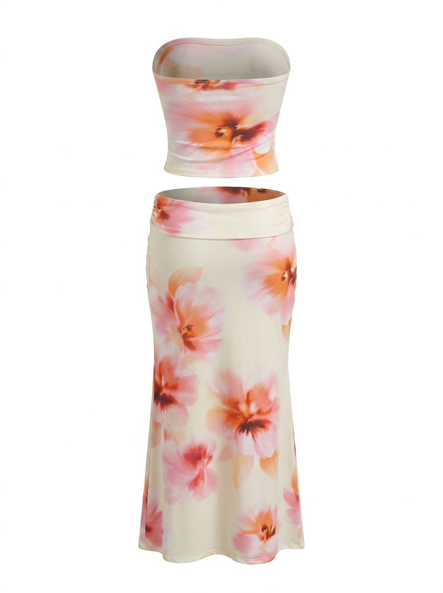 Ghost cut image of a cream FLORAL SATINY TUBE TOP & MAXI SKIRT SET on a white background.