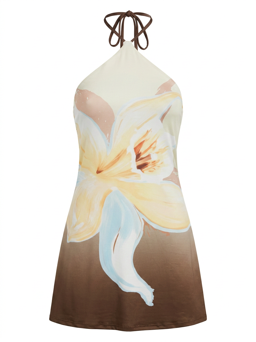 Ghost cut image of a cram/brown COLOR BLOCK FLORAL HIGH HALTER NECK MINI DRESS on a white background.