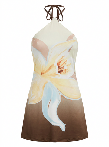 Ghost cut image of a cram/brown COLOR BLOCK FLORAL HIGH HALTER NECK MINI DRESS on a white background.