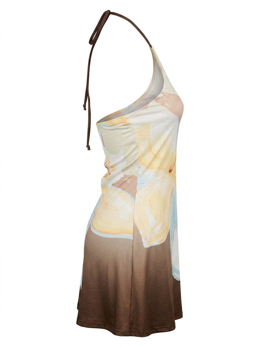 Ghost cut image of a cram/brown COLOR BLOCK FLORAL HIGH HALTER NECK MINI DRESS on a white background.