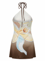 Ghost cut image of a cram/brown COLOR BLOCK FLORAL HIGH HALTER NECK MINI DRESS on a white background.