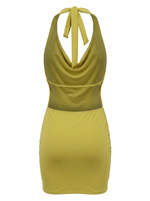 Ghost cut image of a citron TIE HALTER NECK COWLED MINI DRESS on a white background.