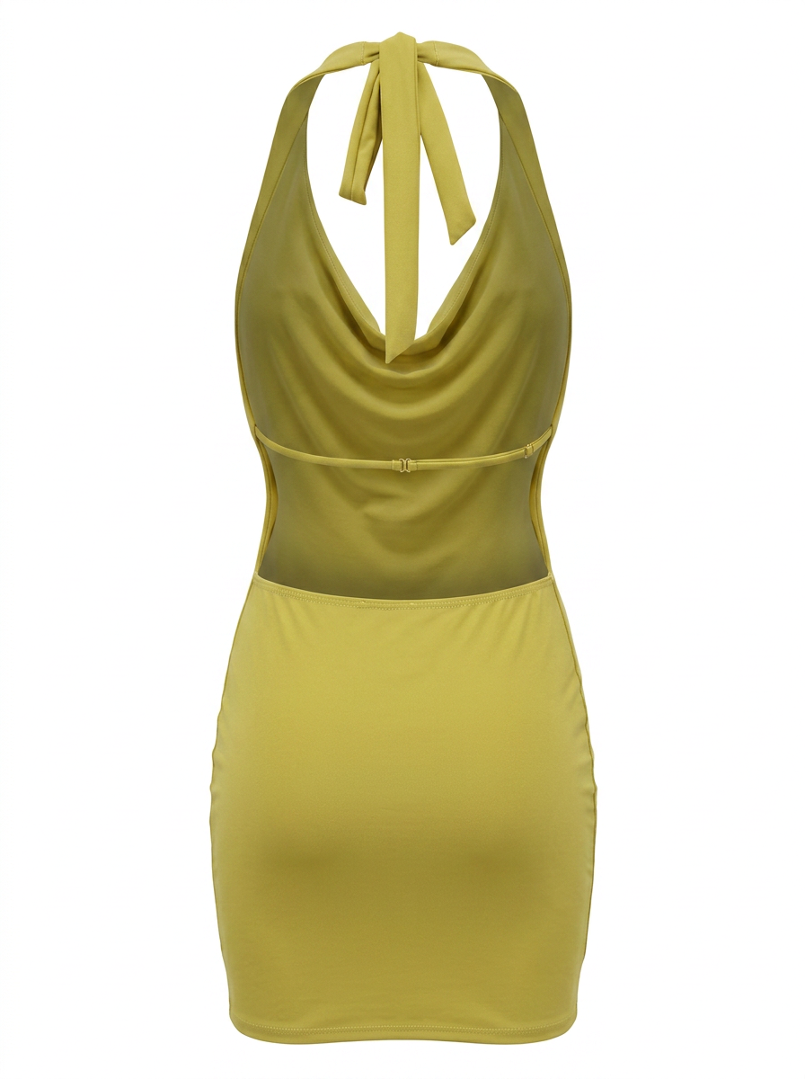 Ghost cut image of a citron TIE HALTER NECK COWLED MINI DRESS on a white background.