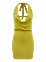 Ghost cut image of a citron TIE HALTER NECK COWLED MINI DRESS on a white background.