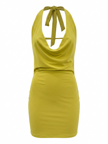 Ghost cut image of a citron TIE HALTER NECK COWLED MINI DRESS on a white background.
