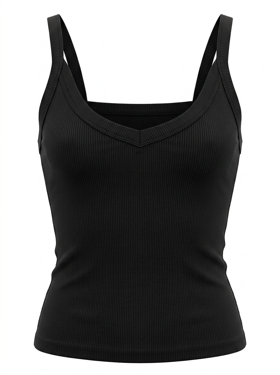 Ghost cut image of a black DEEP V SNATCH TANK TOP on a white background.