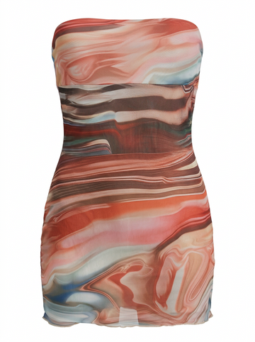 Ghost cut image of a multi color STRAPLESS MARBLED PRINT BODYCON MINI DRESS on a white background. 