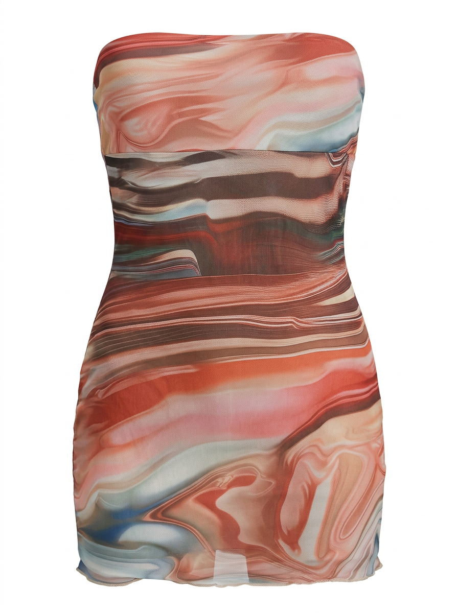 Ghost cut image of a multi color STRAPLESS MARBLED PRINT BODYCON MINI DRESS on a white background. 