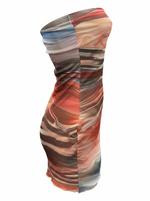 Ghost cut image of a multi color STRAPLESS MARBLED PRINT BODYCON MINI DRESS on a white background. 