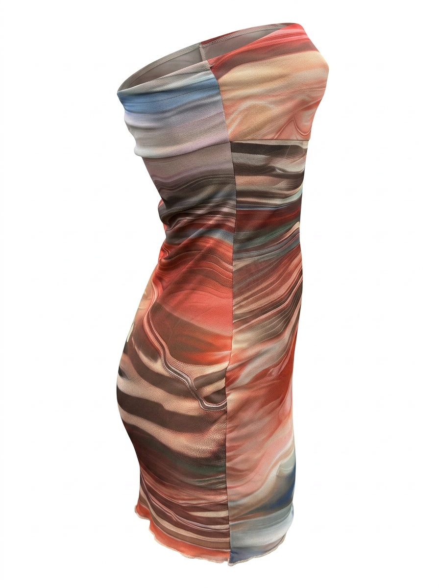 Ghost cut image of a multi color STRAPLESS MARBLED PRINT BODYCON MINI DRESS on a white background. 