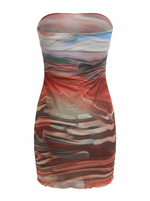 Ghost cut image of a multi color STRAPLESS MARBLED PRINT BODYCON MINI DRESS on a white background. 