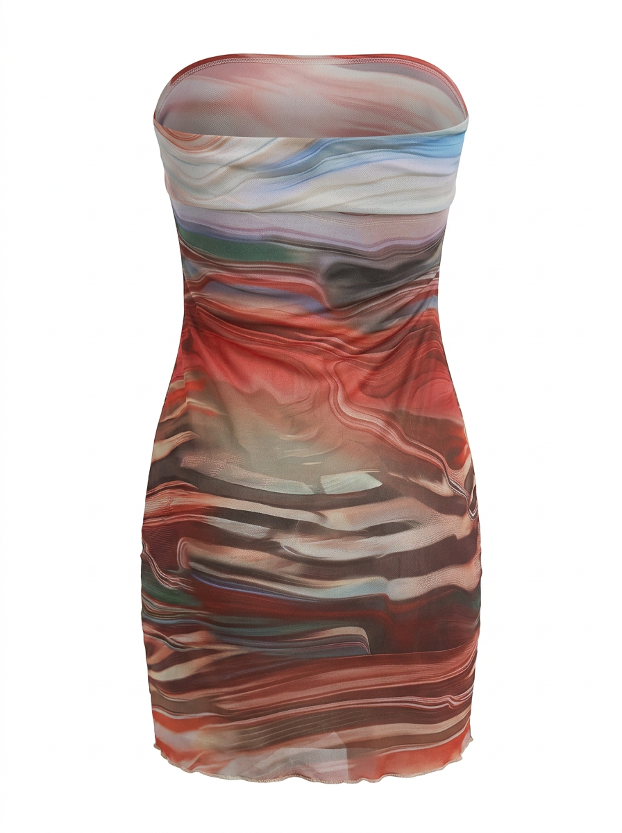 Ghost cut image of a multi color STRAPLESS MARBLED PRINT BODYCON MINI DRESS on a white background. 