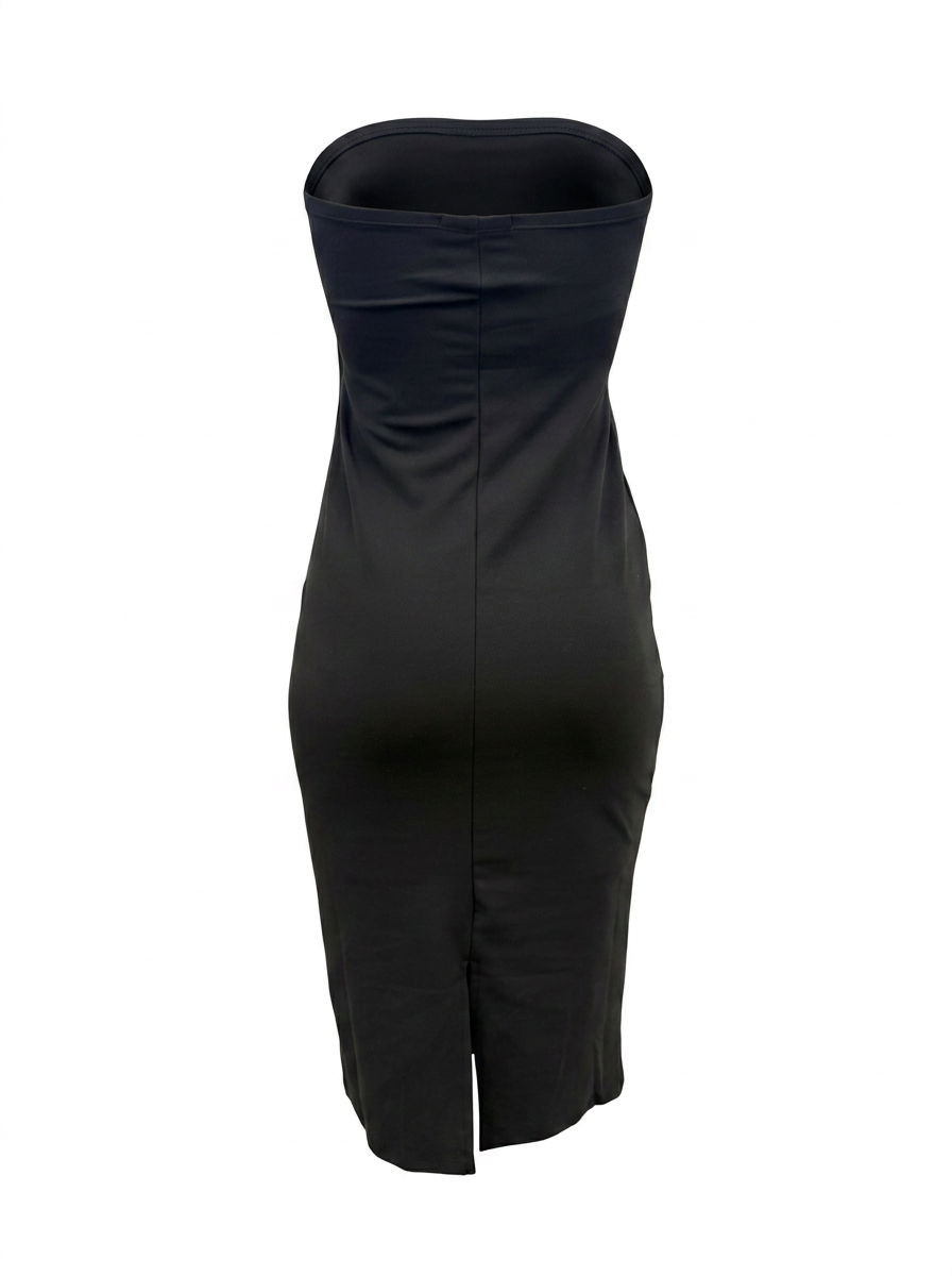 Ghost cut image of a black THE EVERYDAY MIDI SHEATH STRAPLESS DRESS on a white background.
