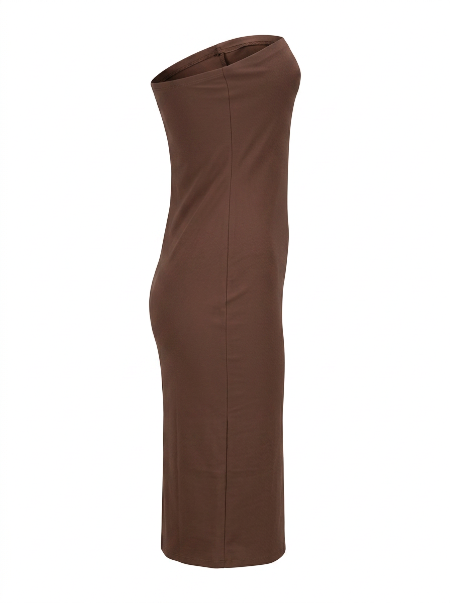 Ghost cut image of a brown THE EVERYDAY MIDI SHEATH STRAPLESS DRESS on a white background.