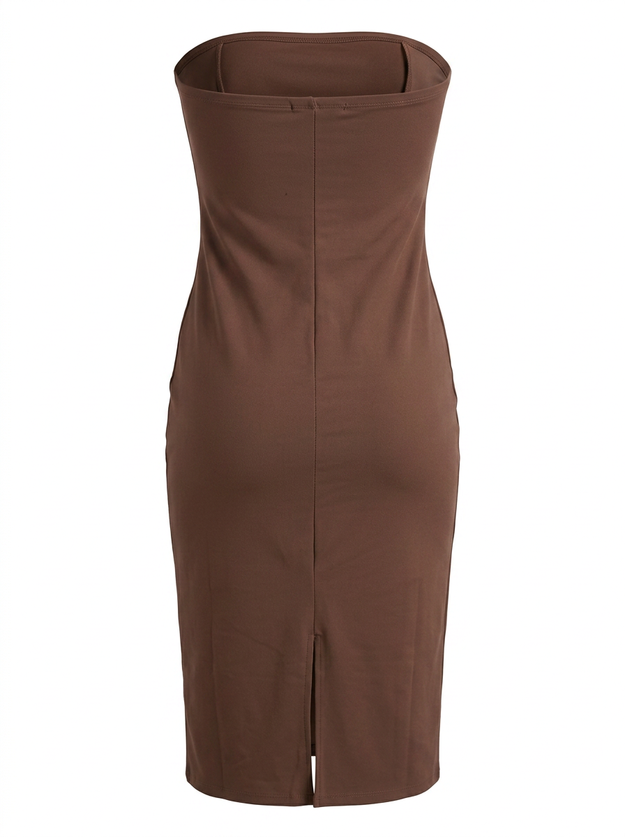 Ghost cut image of a brown THE EVERYDAY MIDI SHEATH STRAPLESS DRESS on a white background.