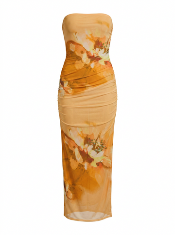 Ghost cut image of an orange FLORAL STRAPLESS RUCHED MESH MAXI DRESS on a white background.