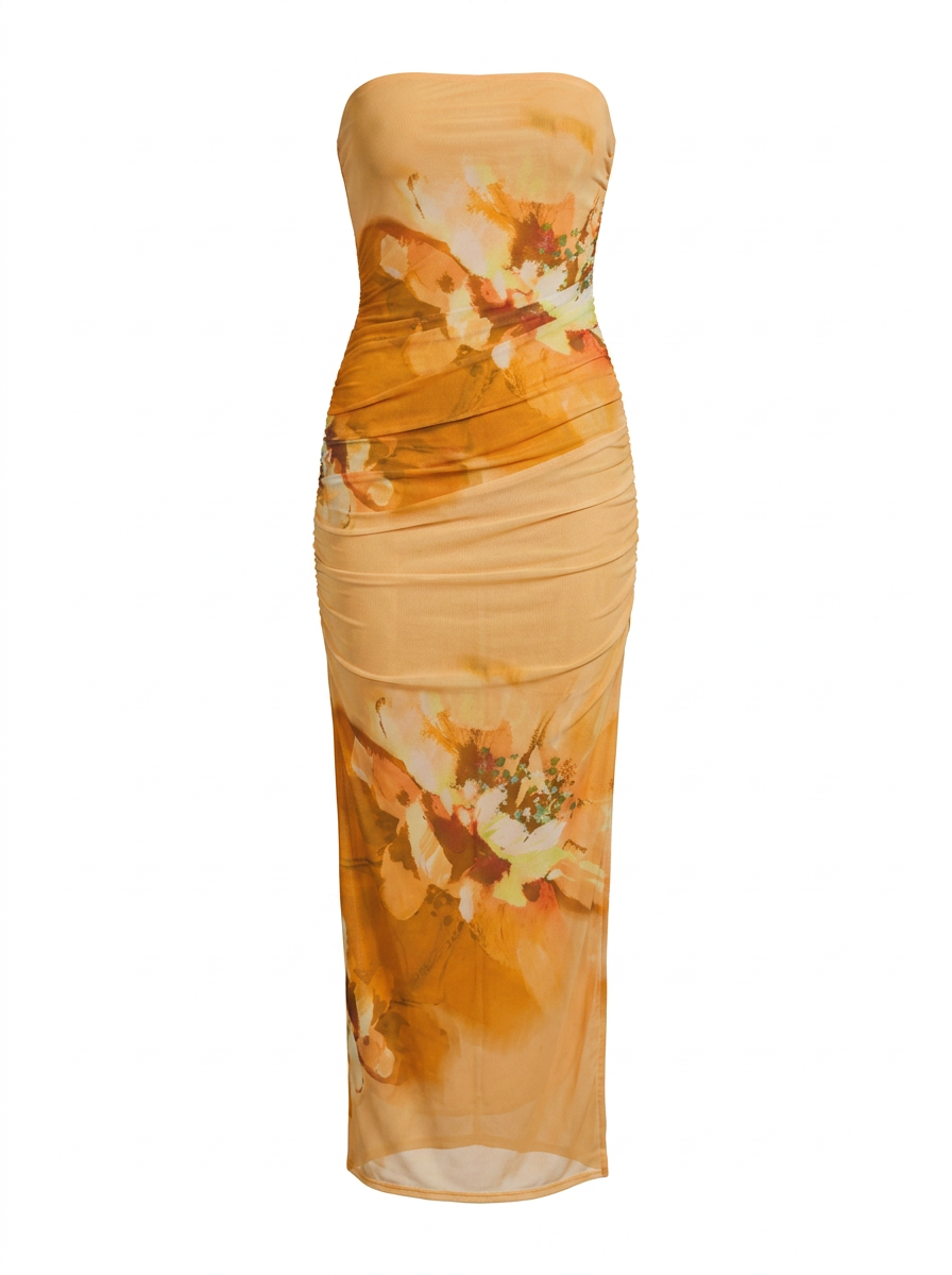 Ghost cut image of an orange FLORAL STRAPLESS RUCHED MESH MAXI DRESS on a white background.