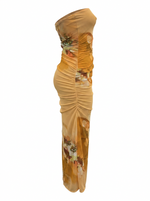 Ghost cut image of an orange FLORAL STRAPLESS RUCHED MESH MAXI DRESS on a white background.
