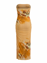 Ghost cut image of an orange FLORAL STRAPLESS RUCHED MESH MAXI DRESS on a white background.