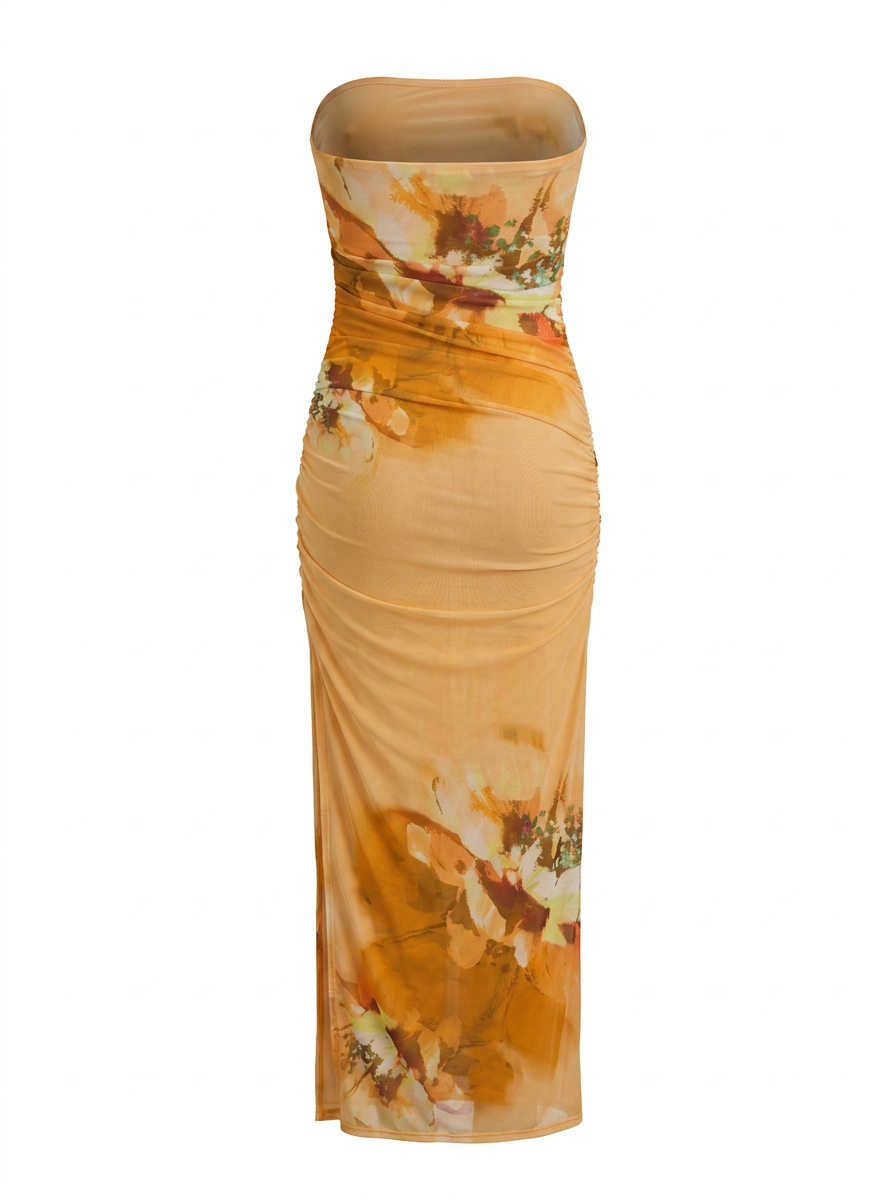 Ghost cut image of an orange FLORAL STRAPLESS RUCHED MESH MAXI DRESS on a white background.