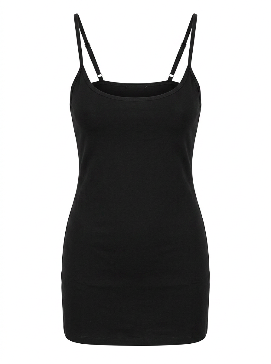 Ghost cut image of SQUARE NECK SPAGHETTI STRAP BODYCON MINI DRESS in black on a white background.