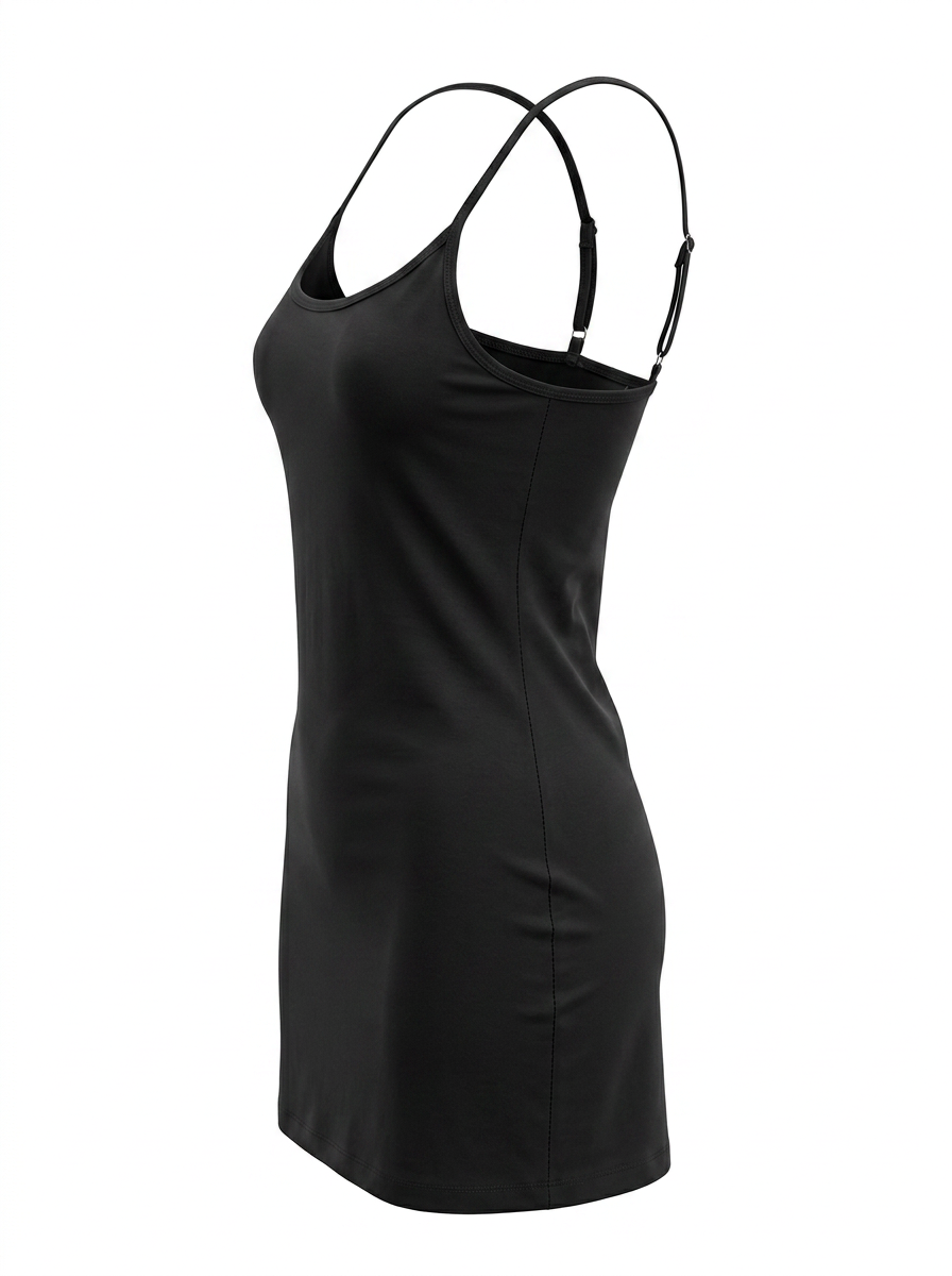 Ghost cut image of SQUARE NECK SPAGHETTI STRAP BODYCON MINI DRESS in black on a white background.
