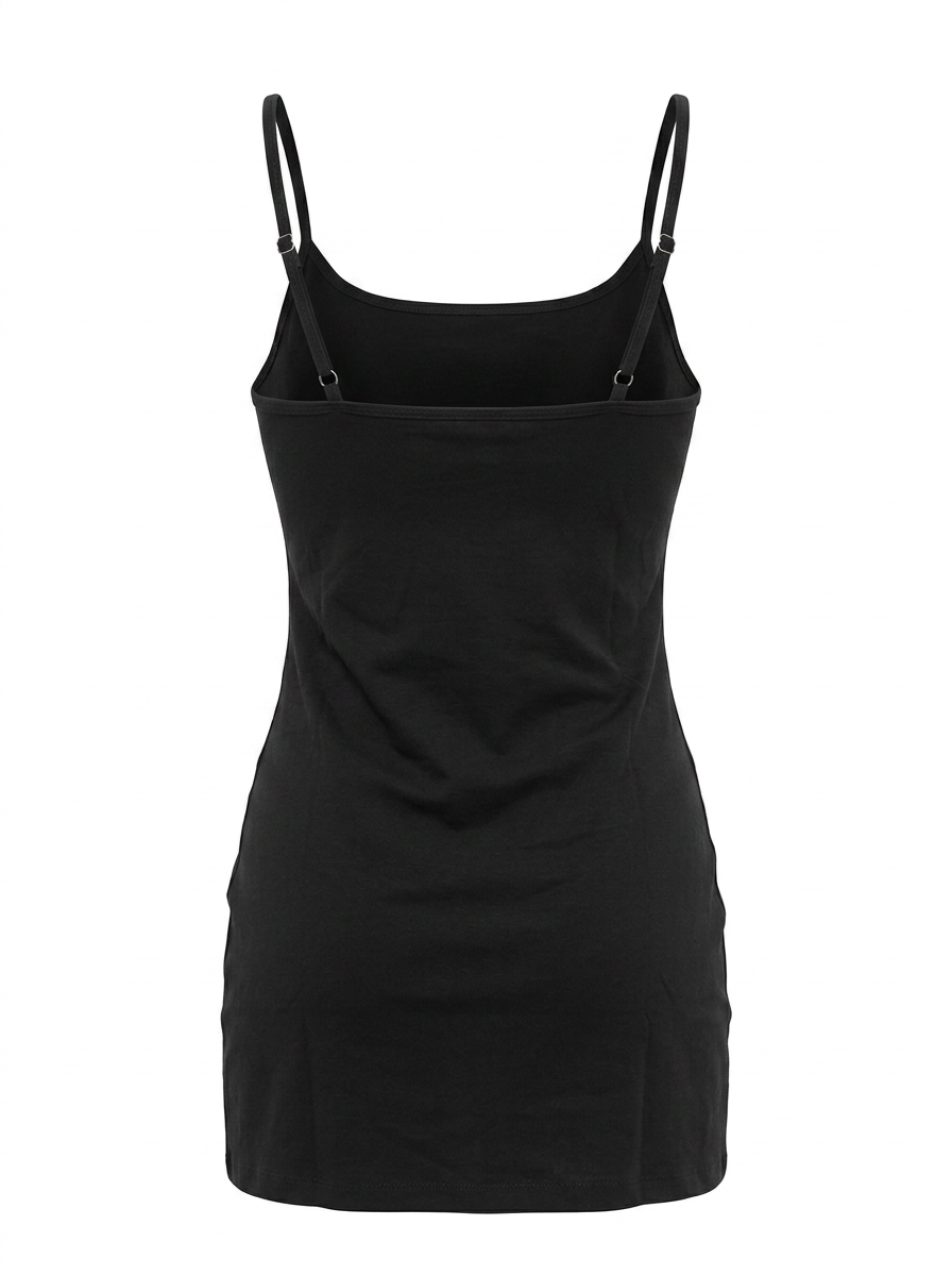 Ghost cut image of SQUARE NECK SPAGHETTI STRAP BODYCON MINI DRESS in black on a white background.