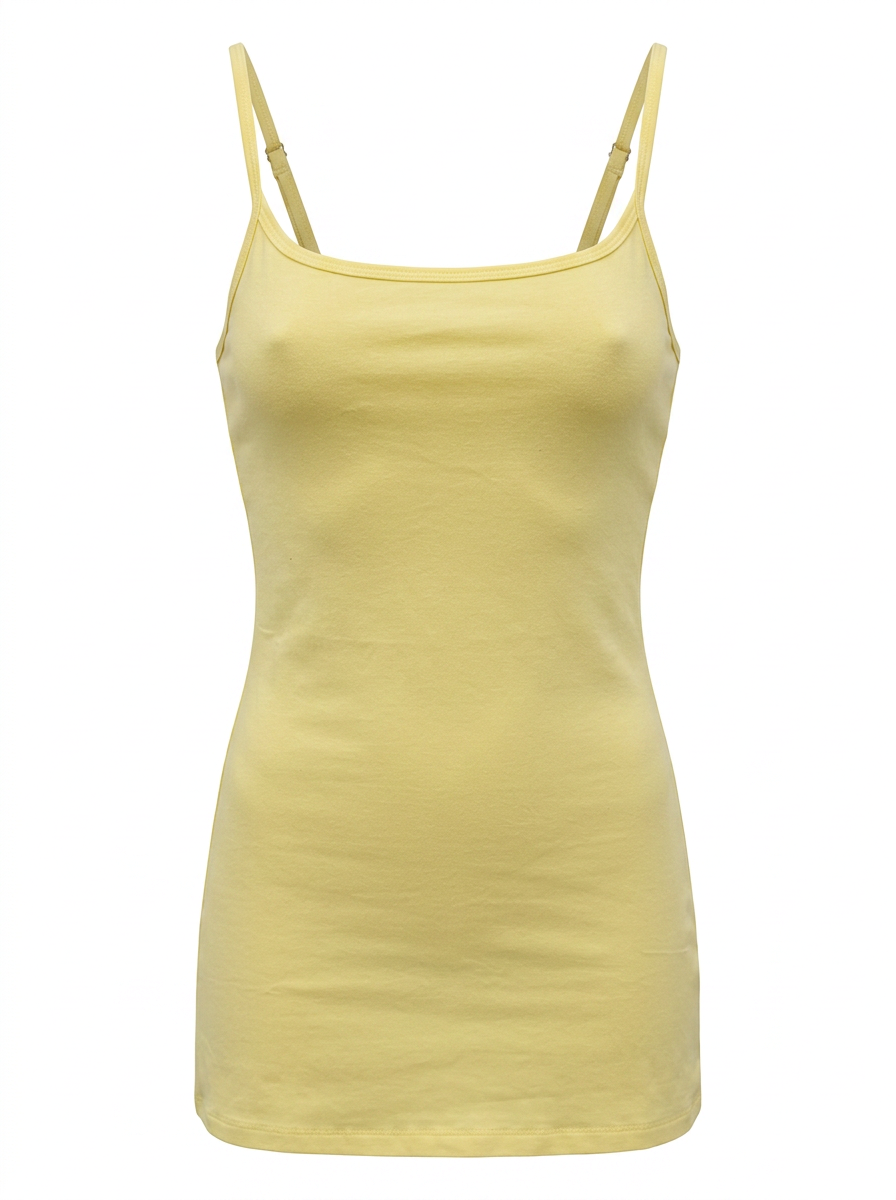 Ghost cut image of SQUARE NECK SPAGHETTI STRAP BODYCON MINI DRESS in yellow on a white background.