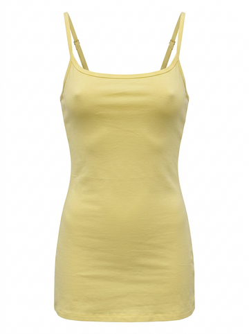 Ghost cut image of SQUARE NECK SPAGHETTI STRAP BODYCON MINI DRESS in yellow on a white background.