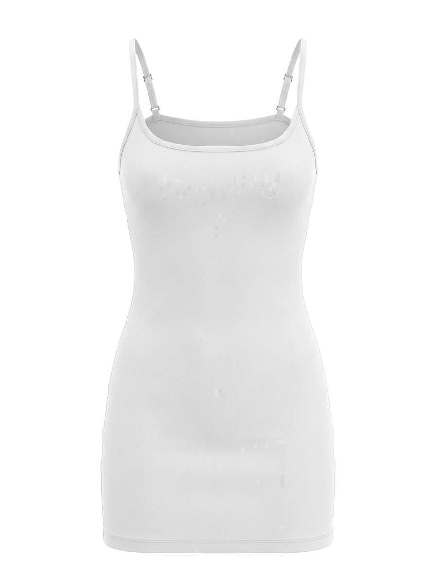 Ghost cut image of SQUARE NECK SPAGHETTI STRAP BODYCON MINI DRESS in white on a white background.