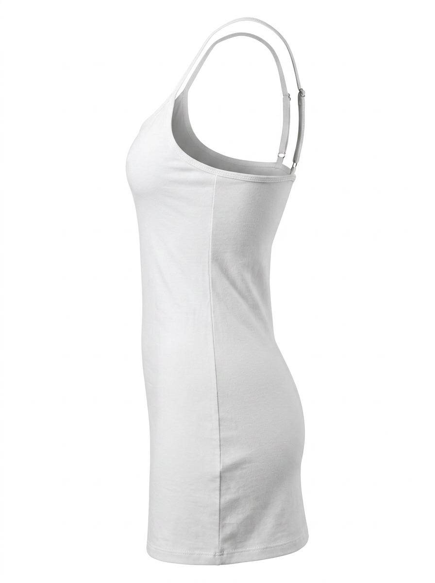 Ghost cut image of SQUARE NECK SPAGHETTI STRAP BODYCON MINI DRESS in white on a white background.