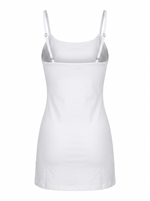 Ghost cut image of SQUARE NECK SPAGHETTI STRAP BODYCON MINI DRESS in white on a white background.
